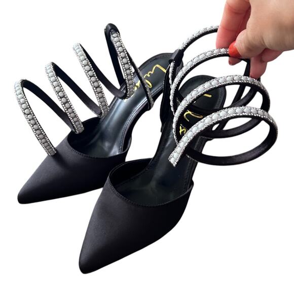 Lulu's Black Satin Pearl Rhinestone Pointed-Toe Pumps - SIze 5.5 - Picture 4 of 5